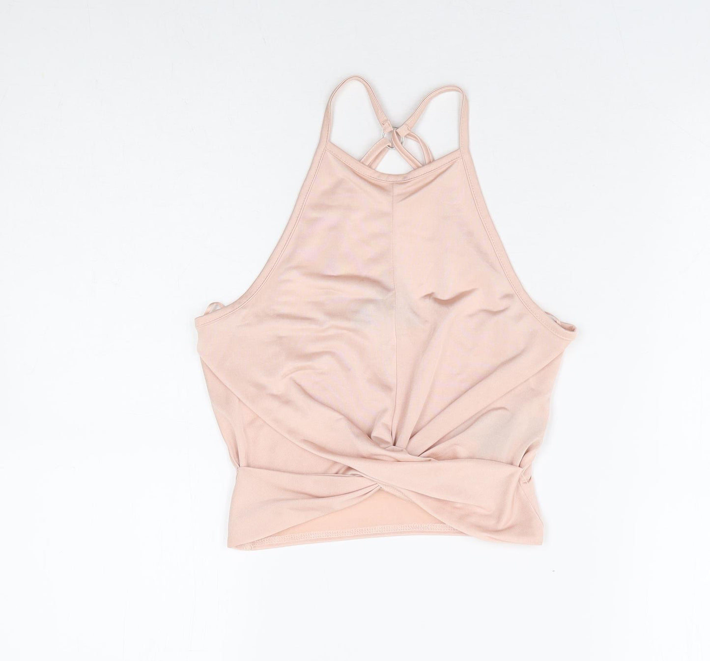 Miss Selfridge Womens Pink Polyester Cropped Tank Size 8 Round Neck - Knot Front Racer Back