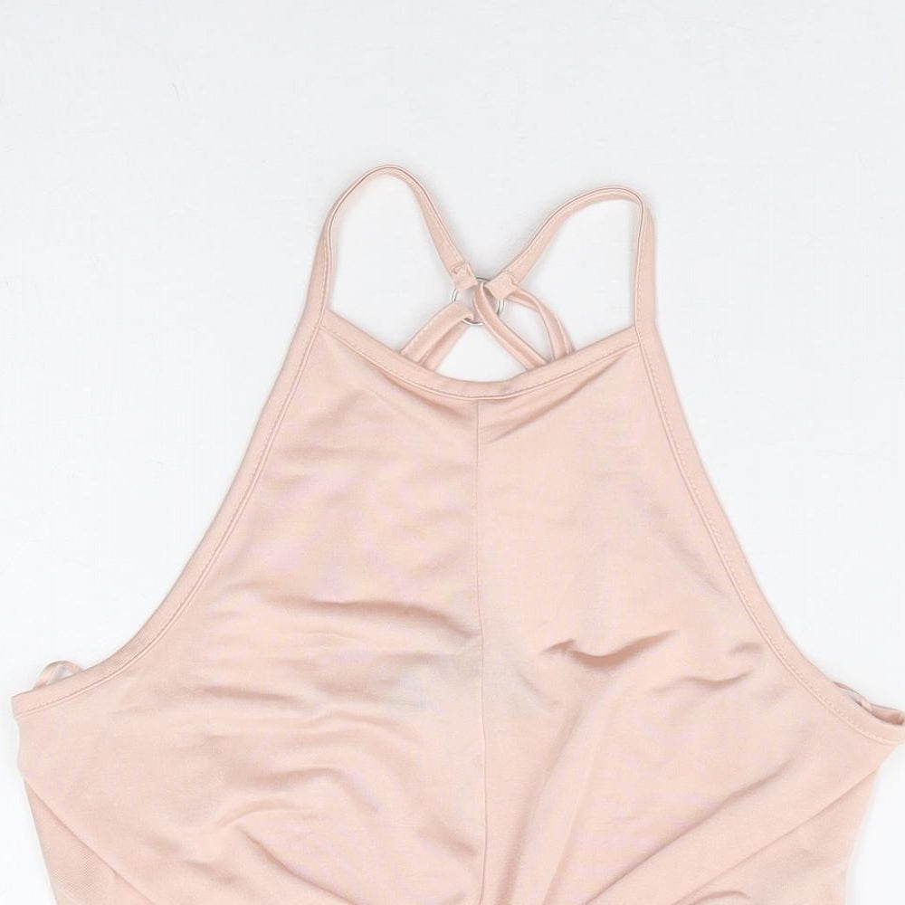 Miss Selfridge Womens Pink Polyester Cropped Tank Size 8 Round Neck - Knot Front Racer Back