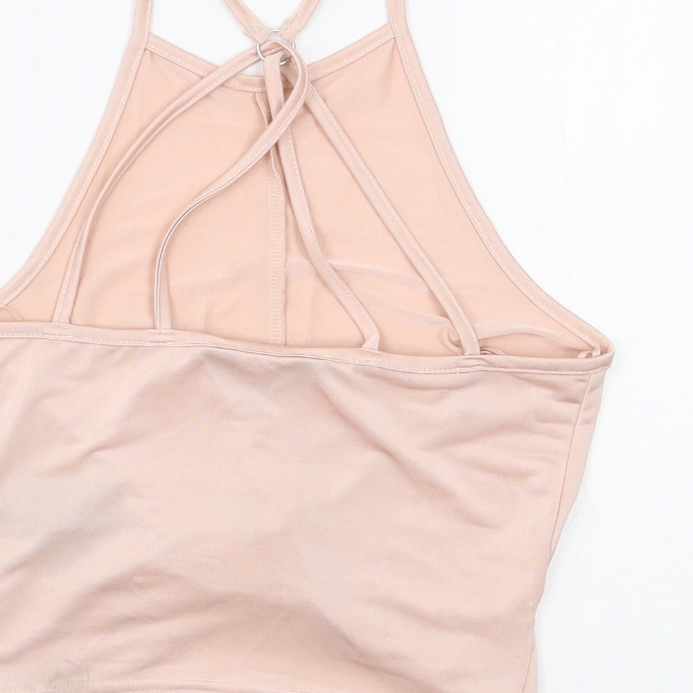 Miss Selfridge Womens Pink Polyester Cropped Tank Size 8 Round Neck - Knot Front Racer Back