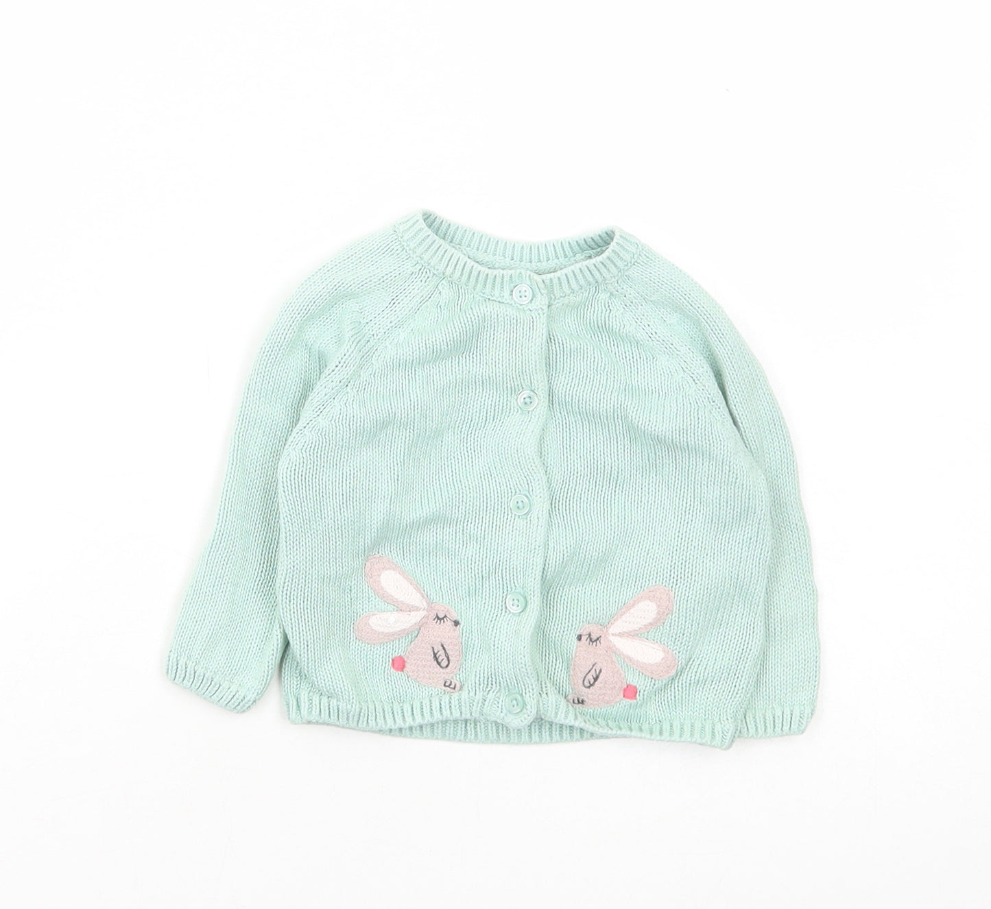 Marks and Spencer Girls Green Cotton Cardigan Jumper Size 3-6 Months Button - Rabbit