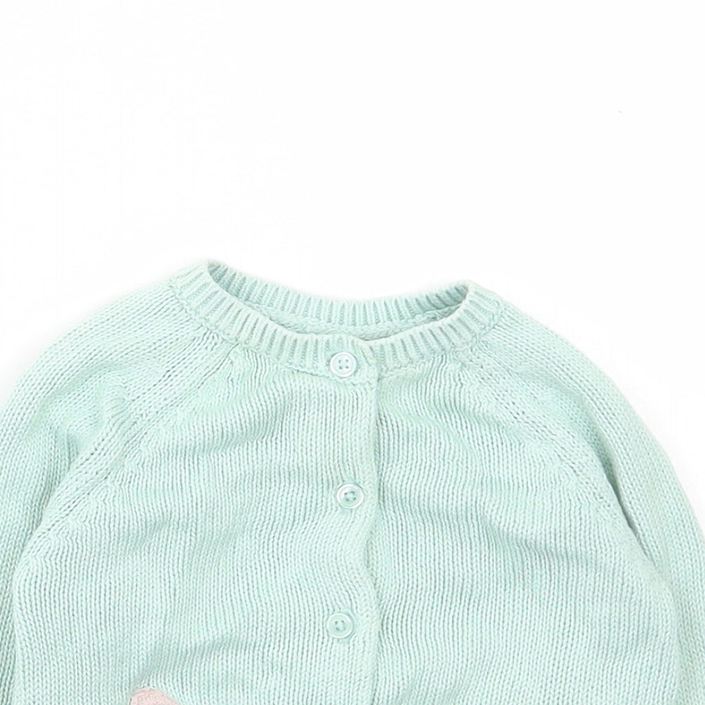 Marks and Spencer Girls Green Cotton Cardigan Jumper Size 3-6 Months Button - Rabbit