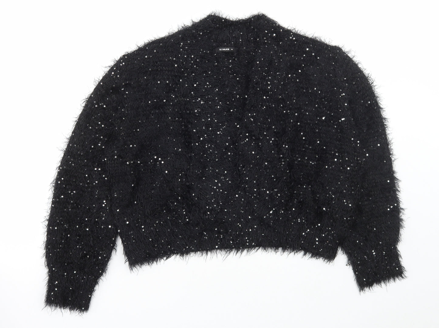 Roman Womens Black V-Neck Polyester Cardigan Jumper Size 16