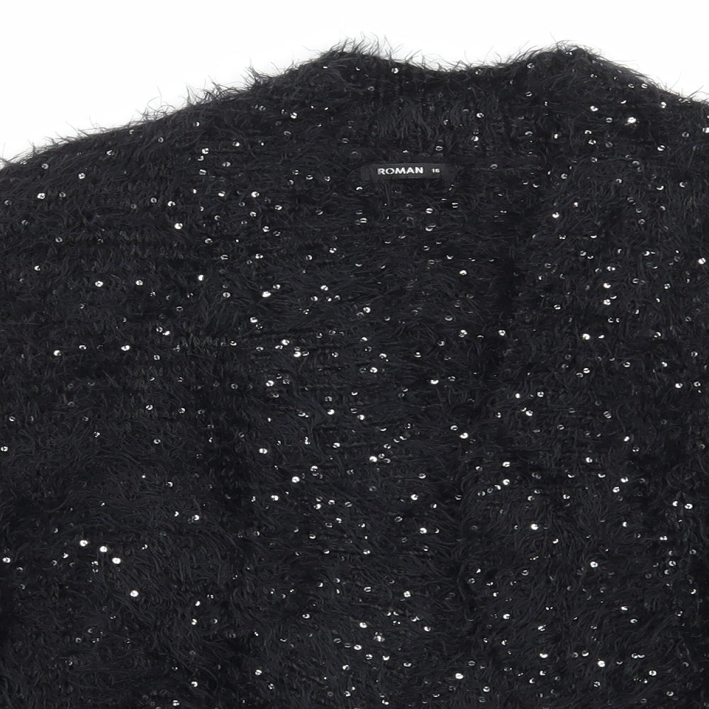 Roman Womens Black V-Neck Polyester Cardigan Jumper Size 16