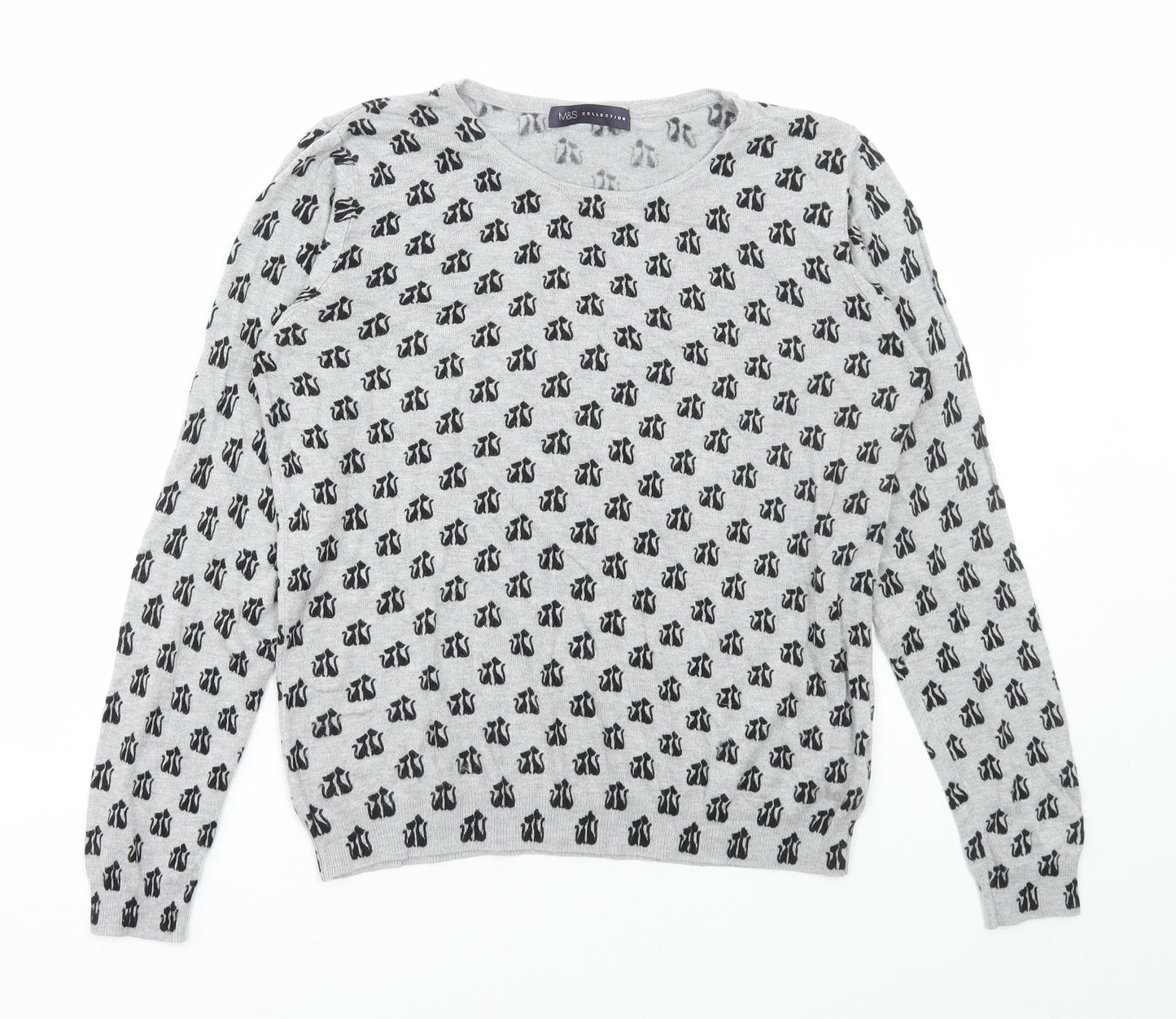 Marks and Spencer Womens Grey Round Neck Geometric Viscose Pullover Jumper Size 14 - Cat Print