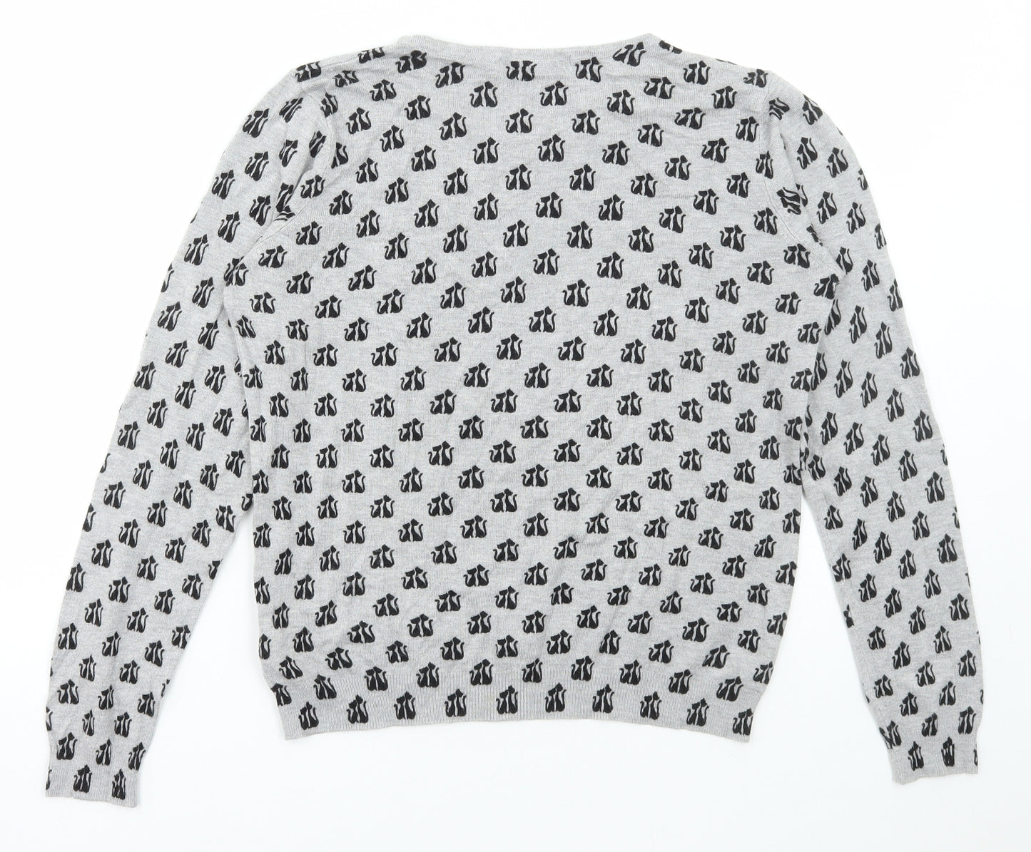 Marks and Spencer Womens Grey Round Neck Geometric Viscose Pullover Jumper Size 14 - Cat Print