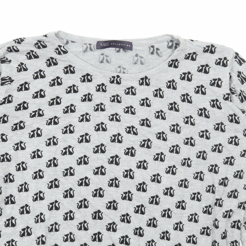 Marks and Spencer Womens Grey Round Neck Geometric Viscose Pullover Jumper Size 14 - Cat Print