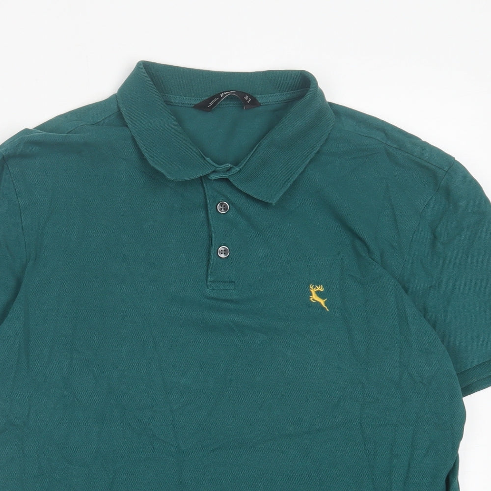 F&F Mens Green Cotton Polo Size M Collared Button