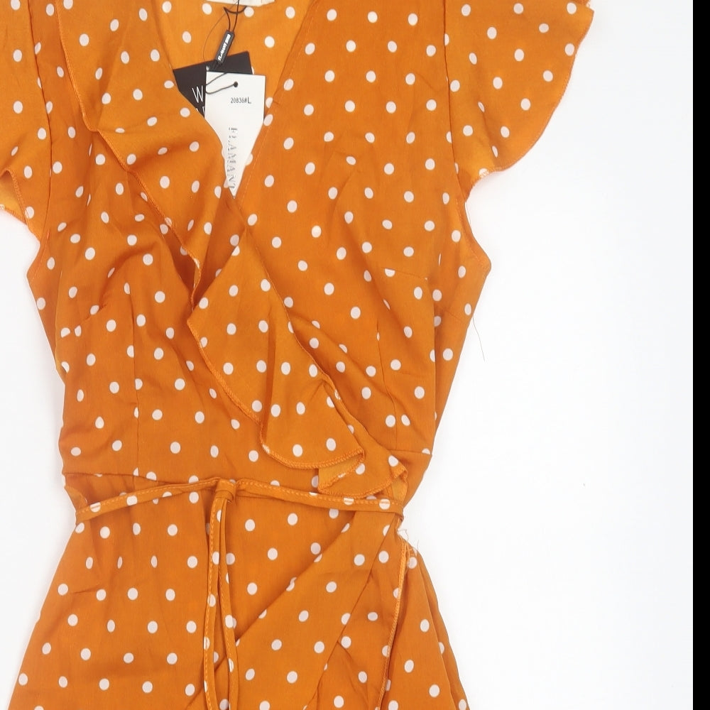 Flamant Rose Womens Orange Polka Dot Polyester Wrap Dress Size L V-Neck Pullover