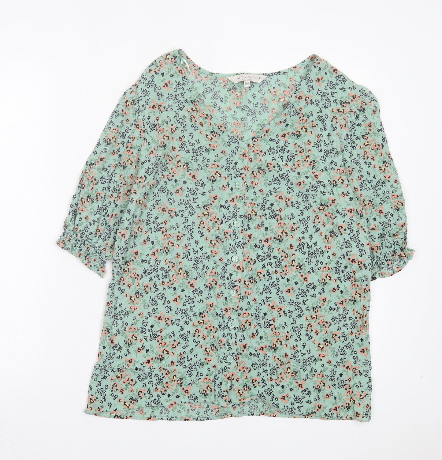 F&F Womens Green Floral Viscose Basic T-Shirt Size 16 V-Neck