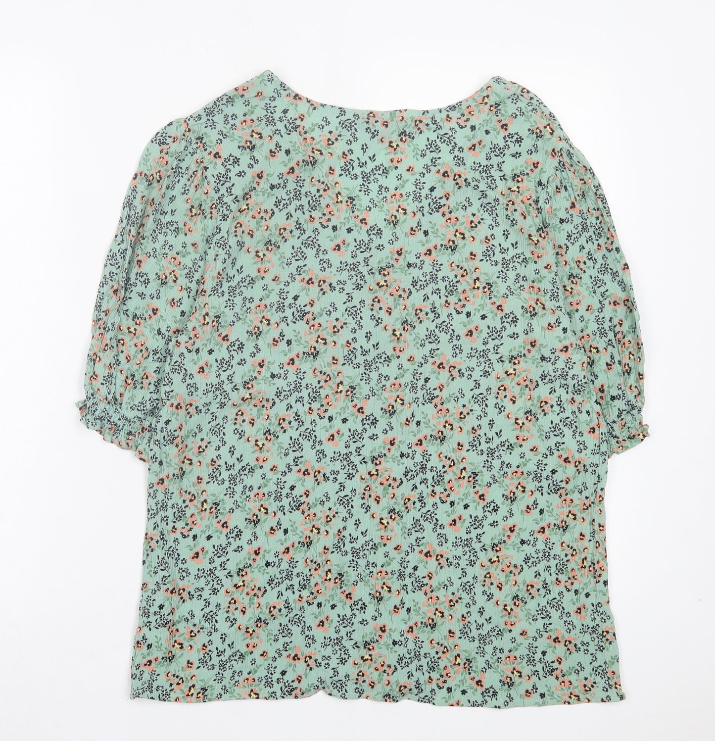 F&F Womens Green Floral Viscose Basic T-Shirt Size 16 V-Neck