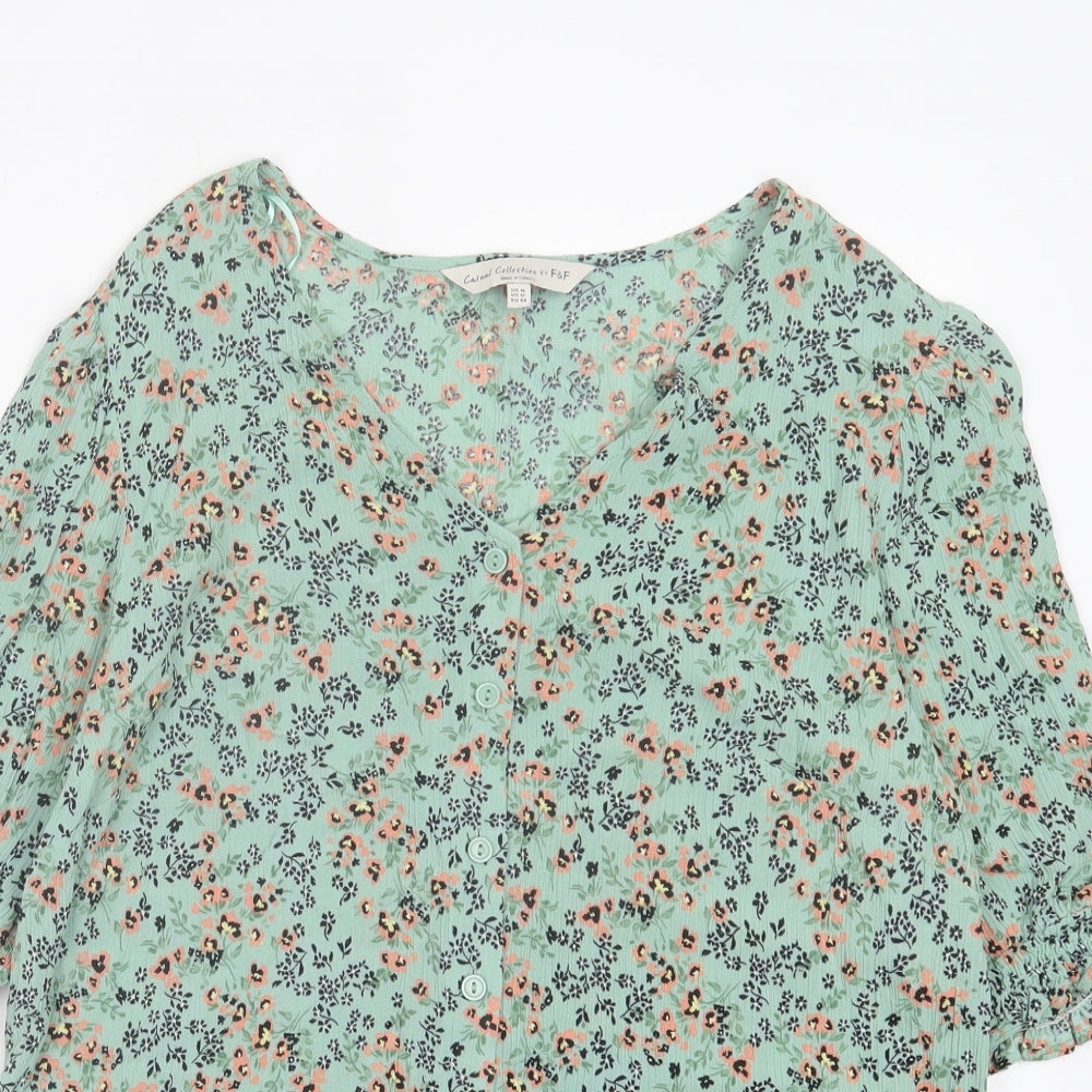 F&F Womens Green Floral Viscose Basic T-Shirt Size 16 V-Neck