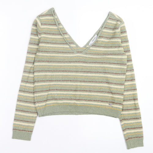 Pull&Bear Womens Green V-Neck Striped Polyester Pullover Jumper Size S