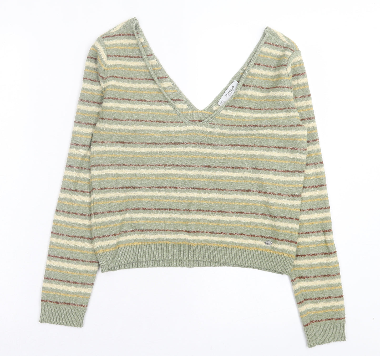 Pull&Bear Womens Green V-Neck Striped Polyester Pullover Jumper Size S