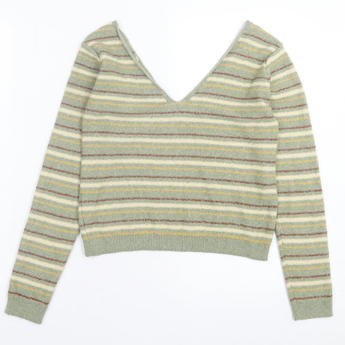 Pull&Bear Womens Green V-Neck Striped Polyester Pullover Jumper Size S