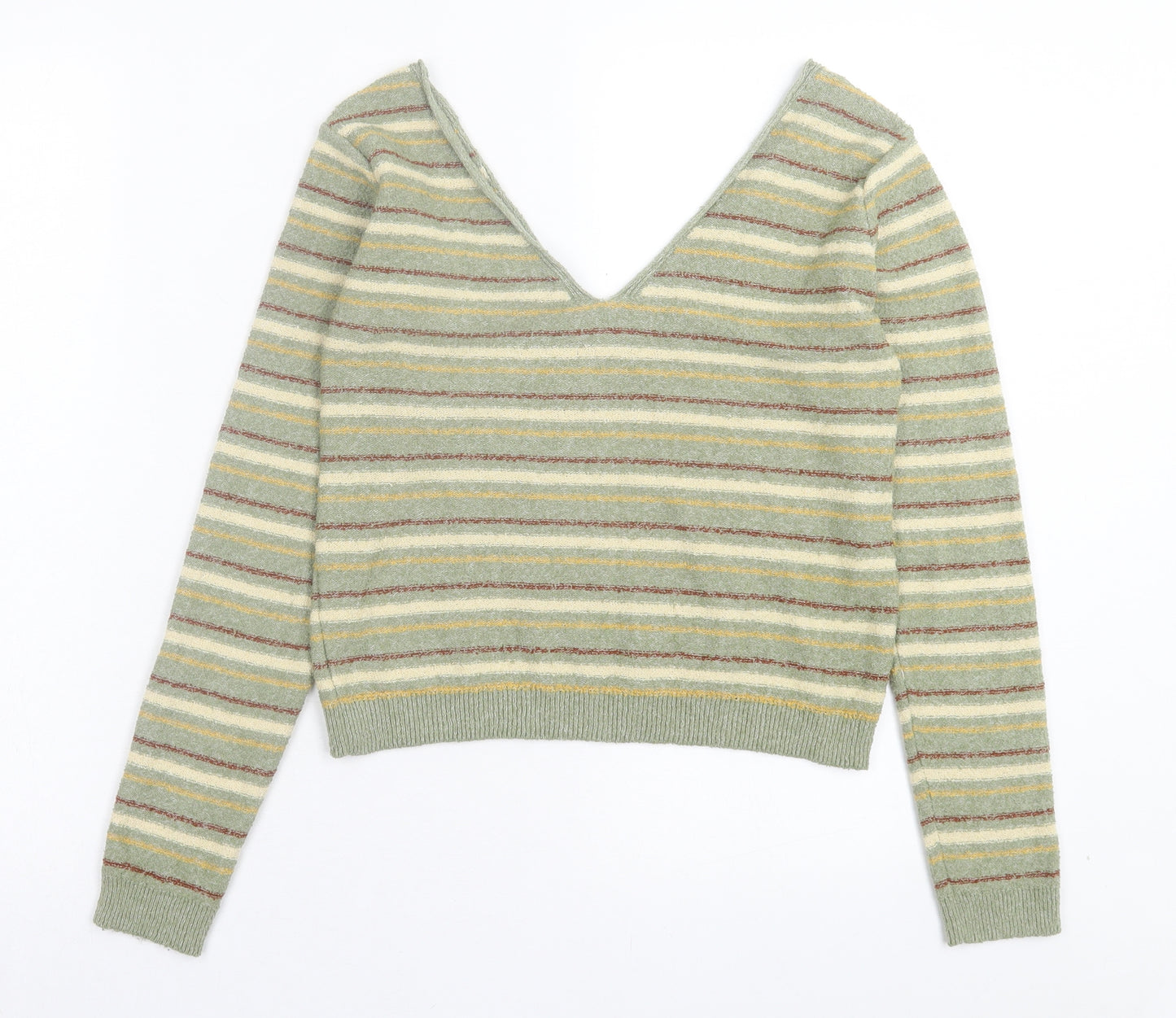 Pull&Bear Womens Green V-Neck Striped Polyester Pullover Jumper Size S