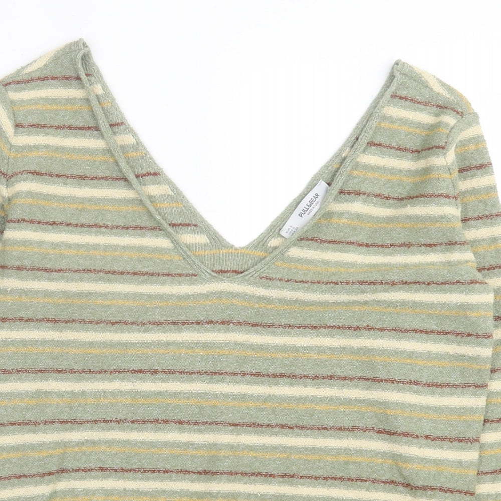 Pull&Bear Womens Green V-Neck Striped Polyester Pullover Jumper Size S