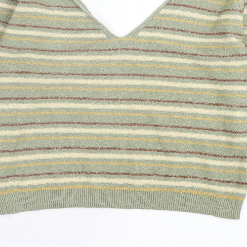Pull&Bear Womens Green V-Neck Striped Polyester Pullover Jumper Size S