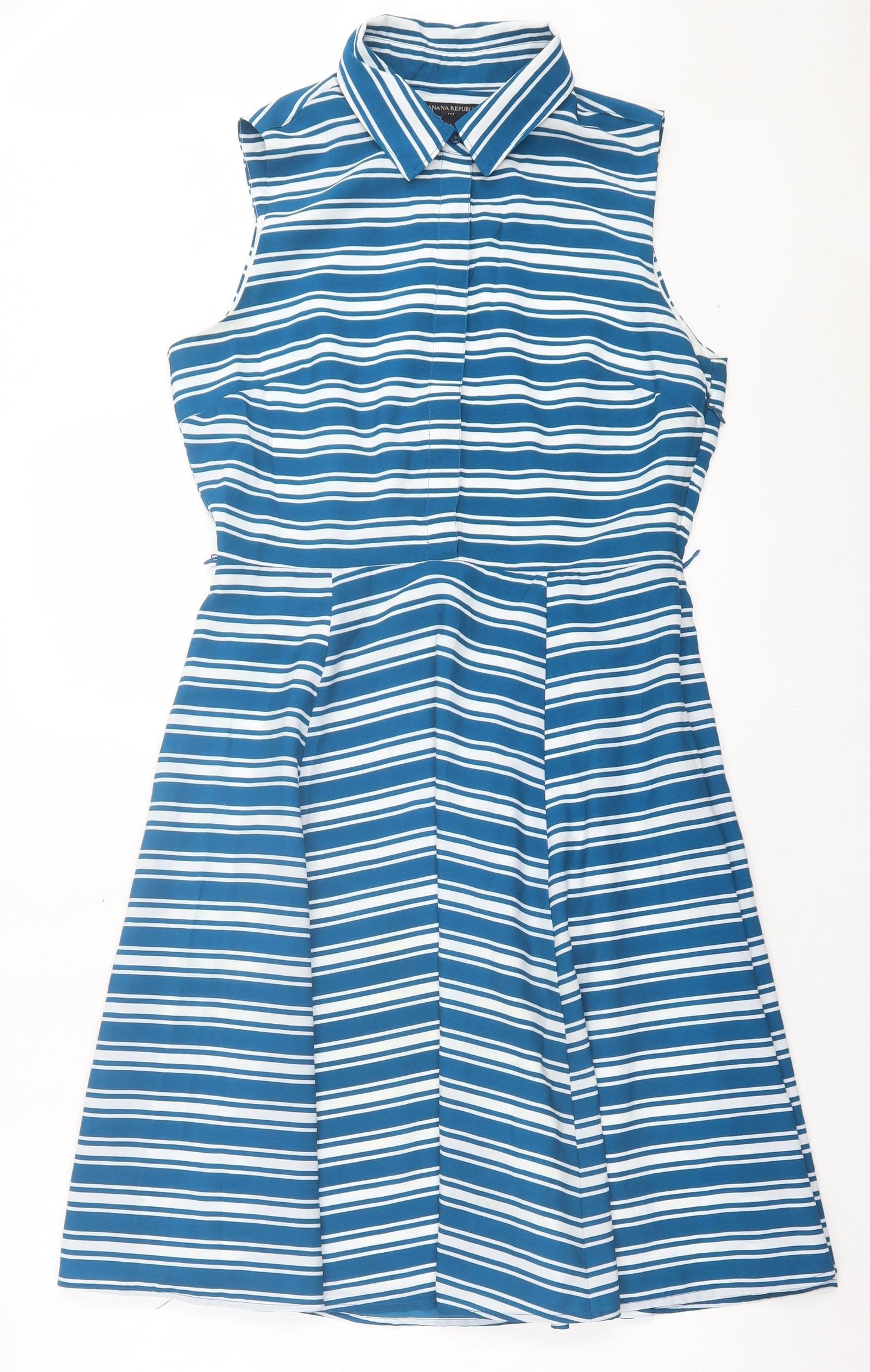 Banana Republic Womens Blue Striped Polyester Fit & Flare Size L Collared Button