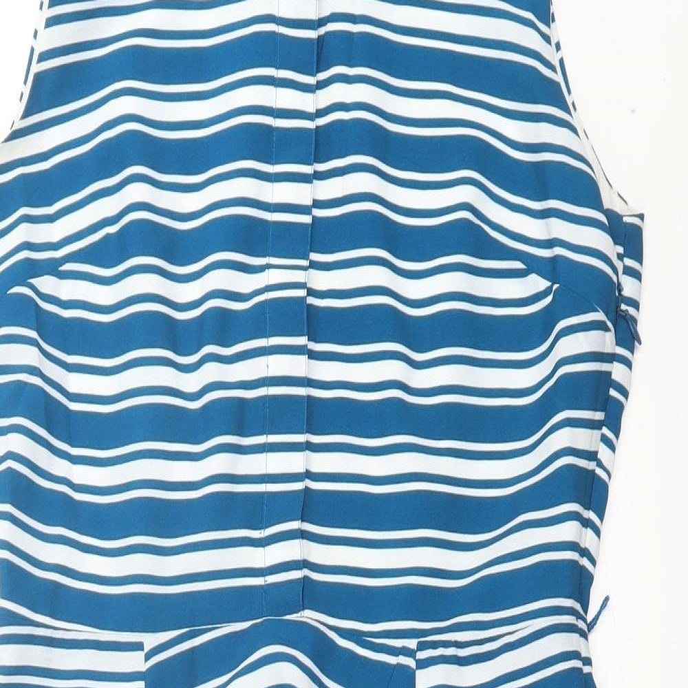 Banana Republic Womens Blue Striped Polyester Fit & Flare Size L Collared Button