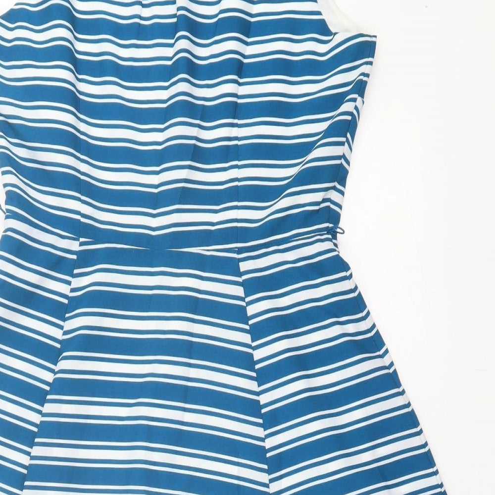 Banana Republic Womens Blue Striped Polyester Fit & Flare Size L Collared Button