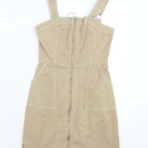H&M Womens Brown Cotton Pinafore/Dungaree Dress Size 4 Square Neck Zip