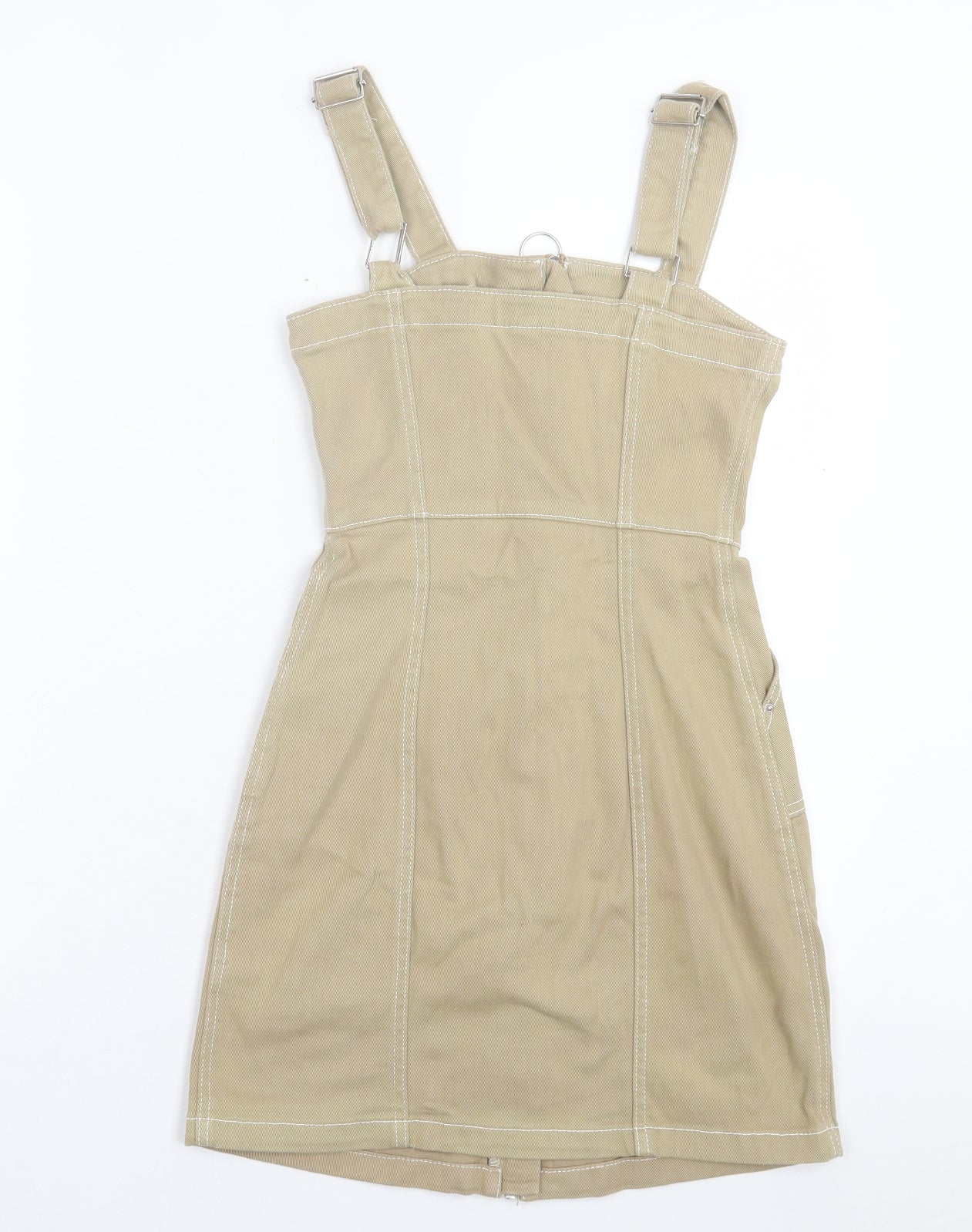 H&M Womens Brown Cotton Pinafore/Dungaree Dress Size 4 Square Neck Zip