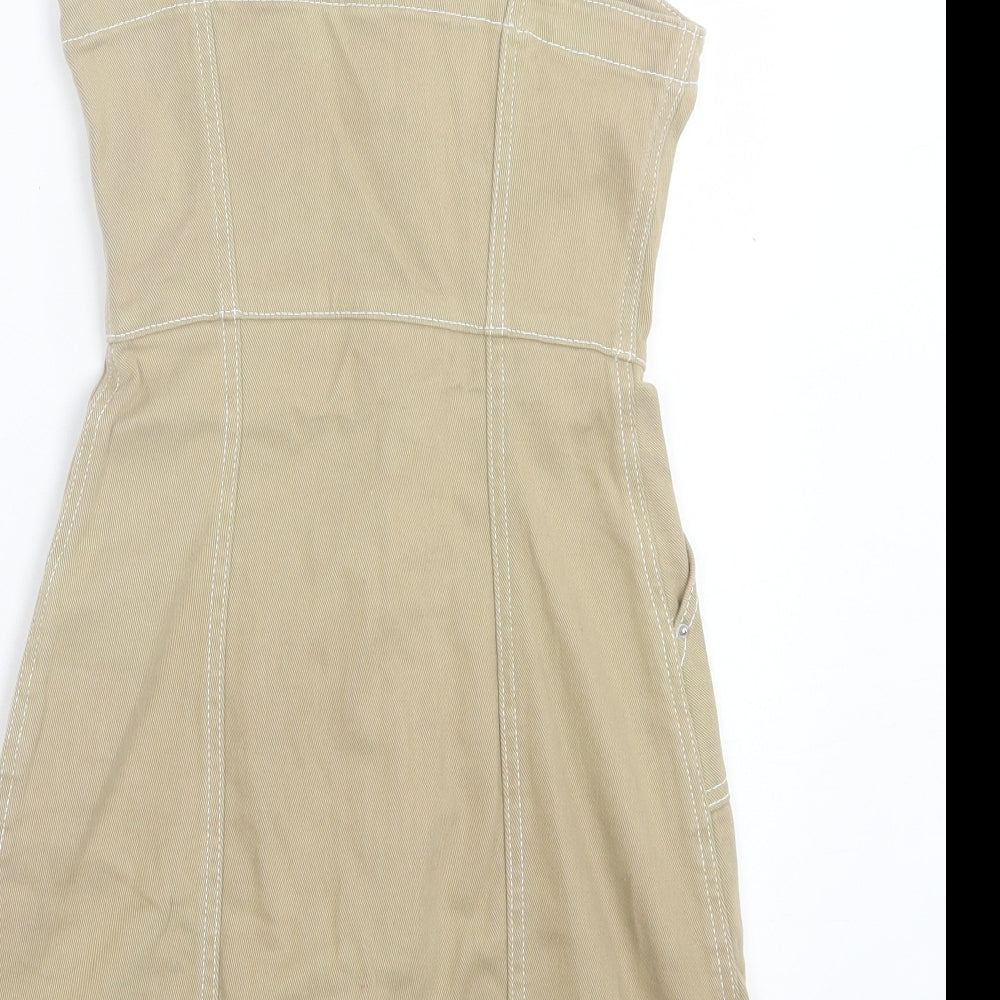 H&M Womens Brown Cotton Pinafore/Dungaree Dress Size 4 Square Neck Zip