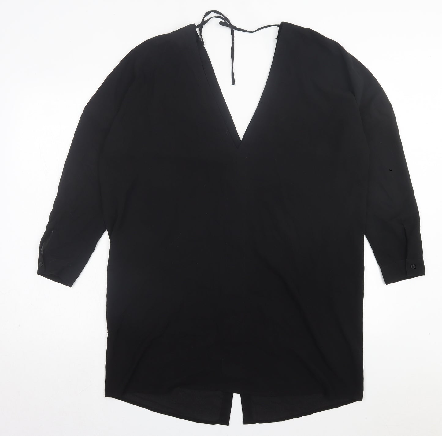 H&M Womens Black Polyester A-Line Size 8 V-Neck Button