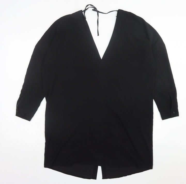 H&M Womens Black Polyester A-Line Size 8 V-Neck Button