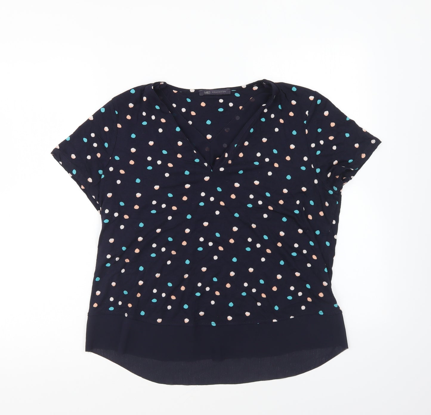 Marks and Spencer Womens Blue Geometric Viscose Basic T-Shirt Size 12 V-Neck