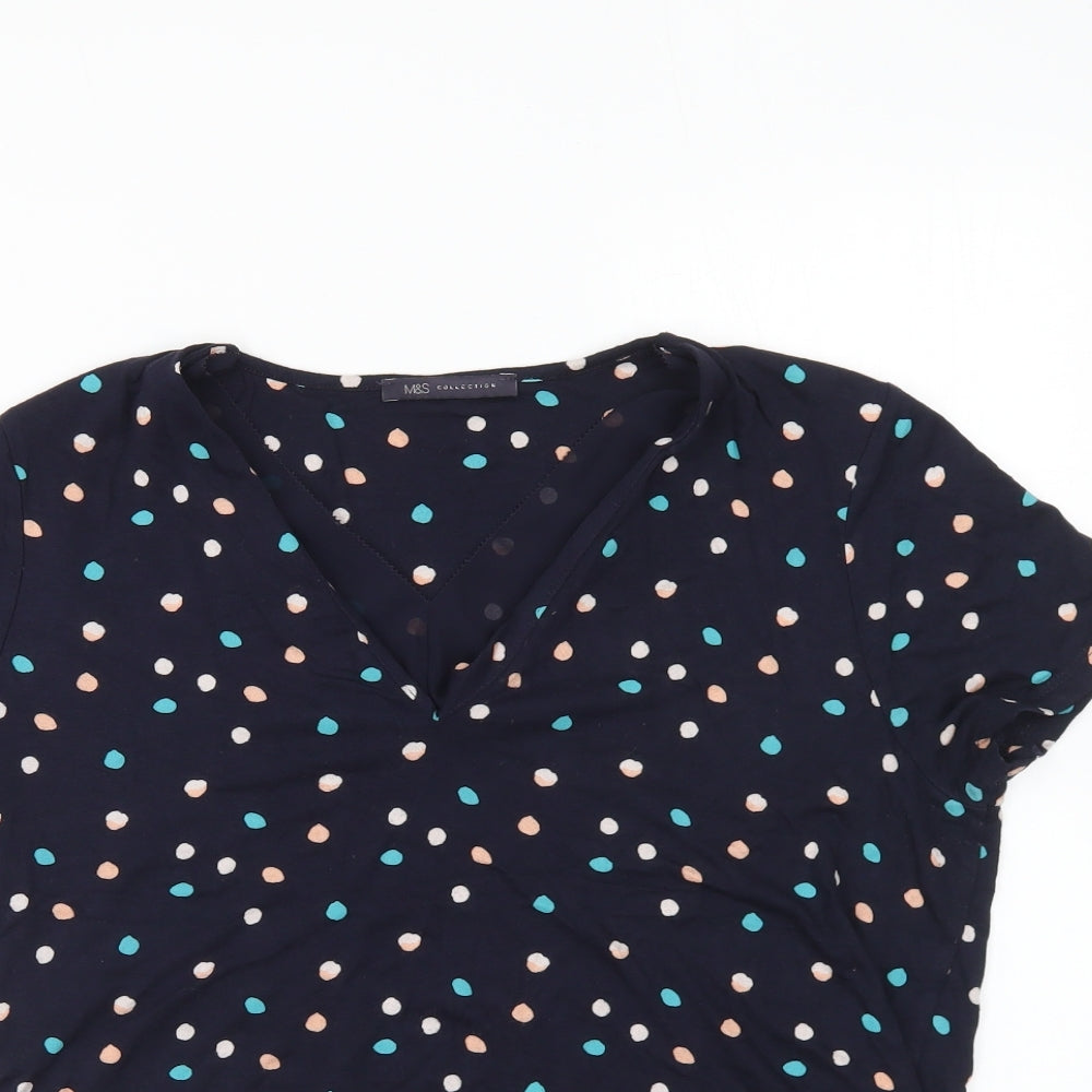 Marks and Spencer Womens Blue Geometric Viscose Basic T-Shirt Size 12 V-Neck