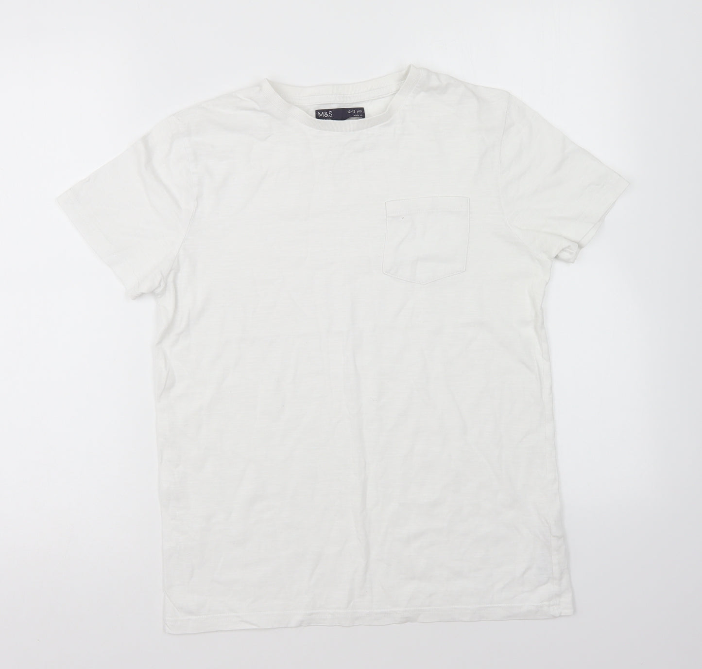 Marks and Spencer Boys White Cotton Basic T-Shirt Size 12-13 Years Round Neck Pullover