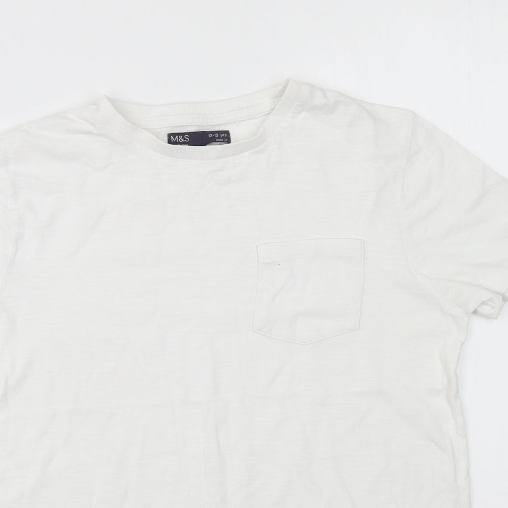 Marks and Spencer Boys White Cotton Basic T-Shirt Size 12-13 Years Round Neck Pullover