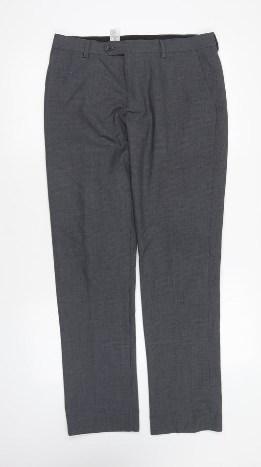 Front view of NEXT women’s grey check polyester trousers, size UK 32, in, 31-inch leg regular button