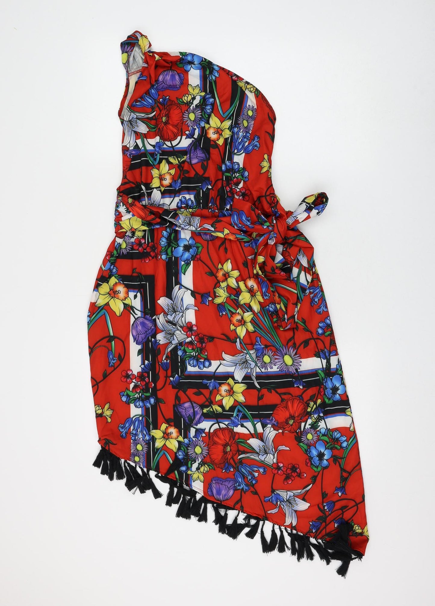 PRETTYLITTLETHING Womens Red Floral Polyester Shift Size 10 One Shoulder Zip