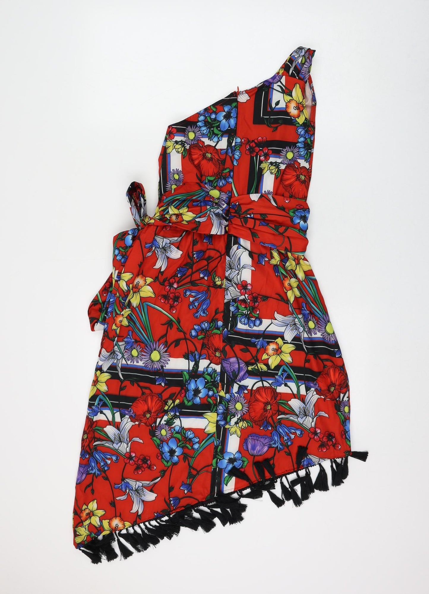 PRETTYLITTLETHING Womens Red Floral Polyester Shift Size 10 One Shoulder Zip
