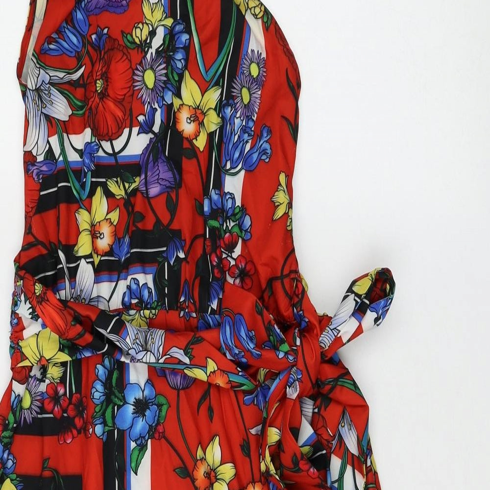 PRETTYLITTLETHING Womens Red Floral Polyester Shift Size 10 One Shoulder Zip