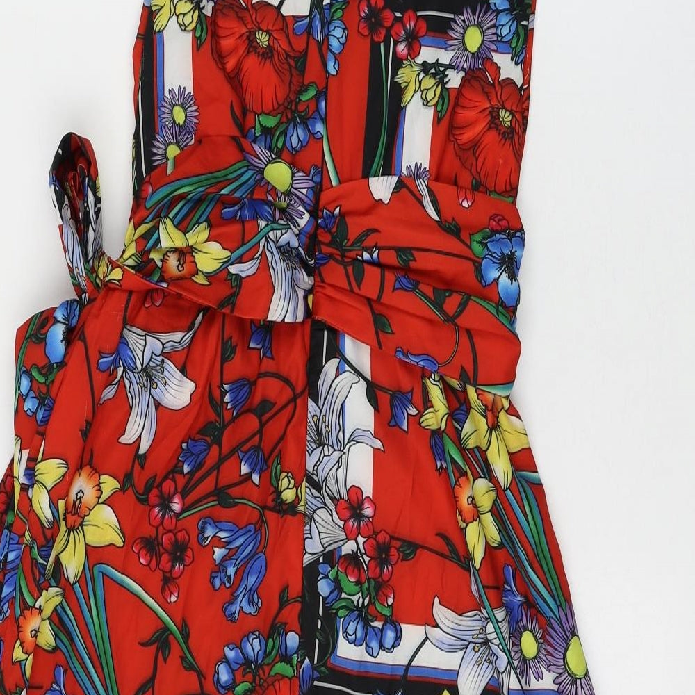 PRETTYLITTLETHING Womens Red Floral Polyester Shift Size 10 One Shoulder Zip