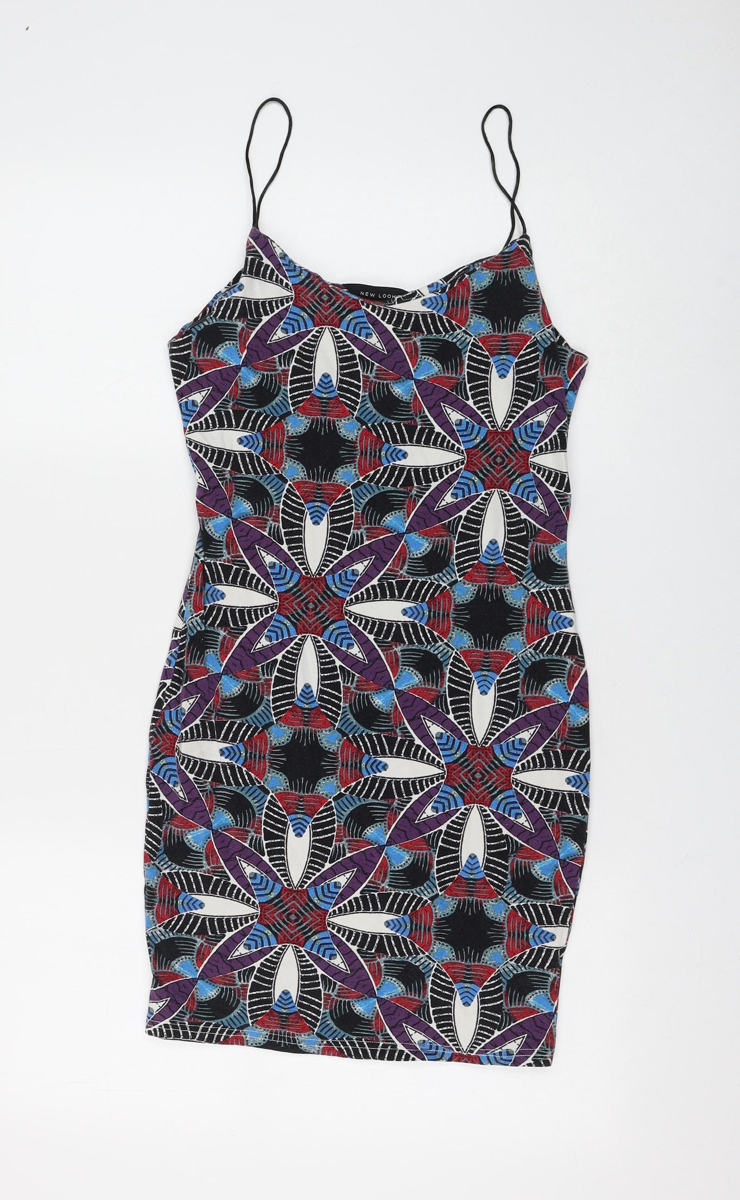 New Look Womens Multicoloured Geometric Cotton Tank Dress Size 10 V-Neck Pullover