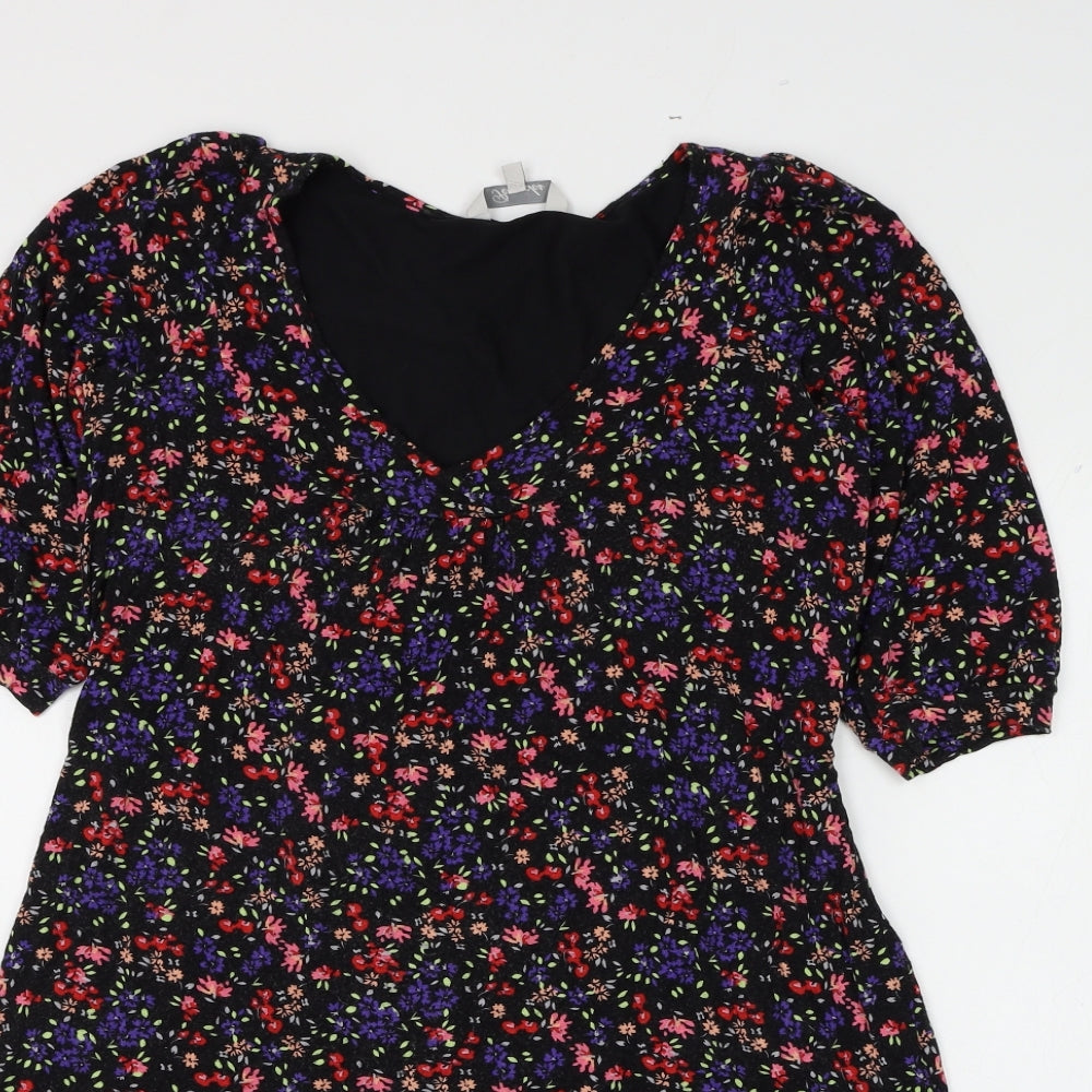 Peacocks Womens Black Floral Viscose Basic Blouse Size 10 V-Neck