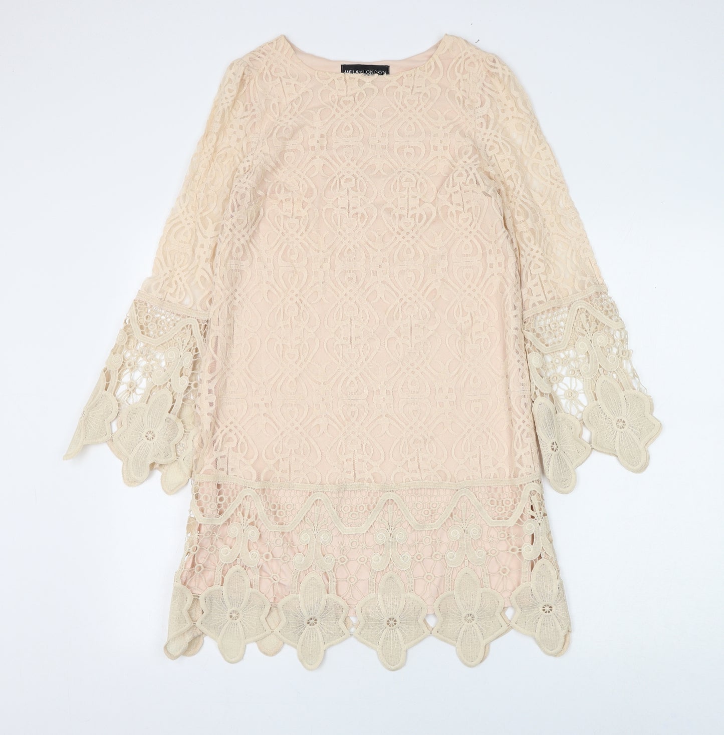 Mela London Womens Beige Geometric Polyester Shift Size 8 Round Neck Pullover