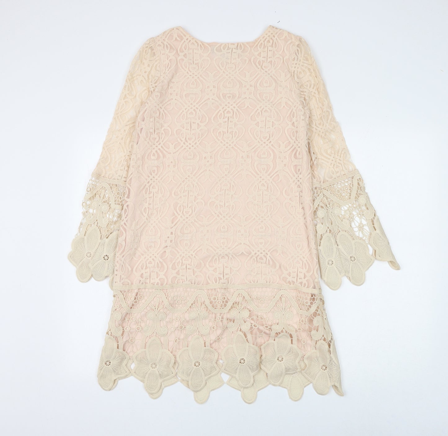Mela London Womens Beige Geometric Polyester Shift Size 8 Round Neck Pullover