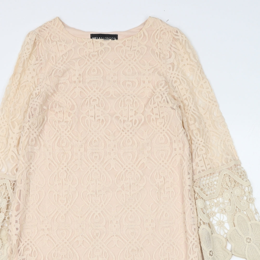 Mela London Womens Beige Geometric Polyester Shift Size 8 Round Neck Pullover