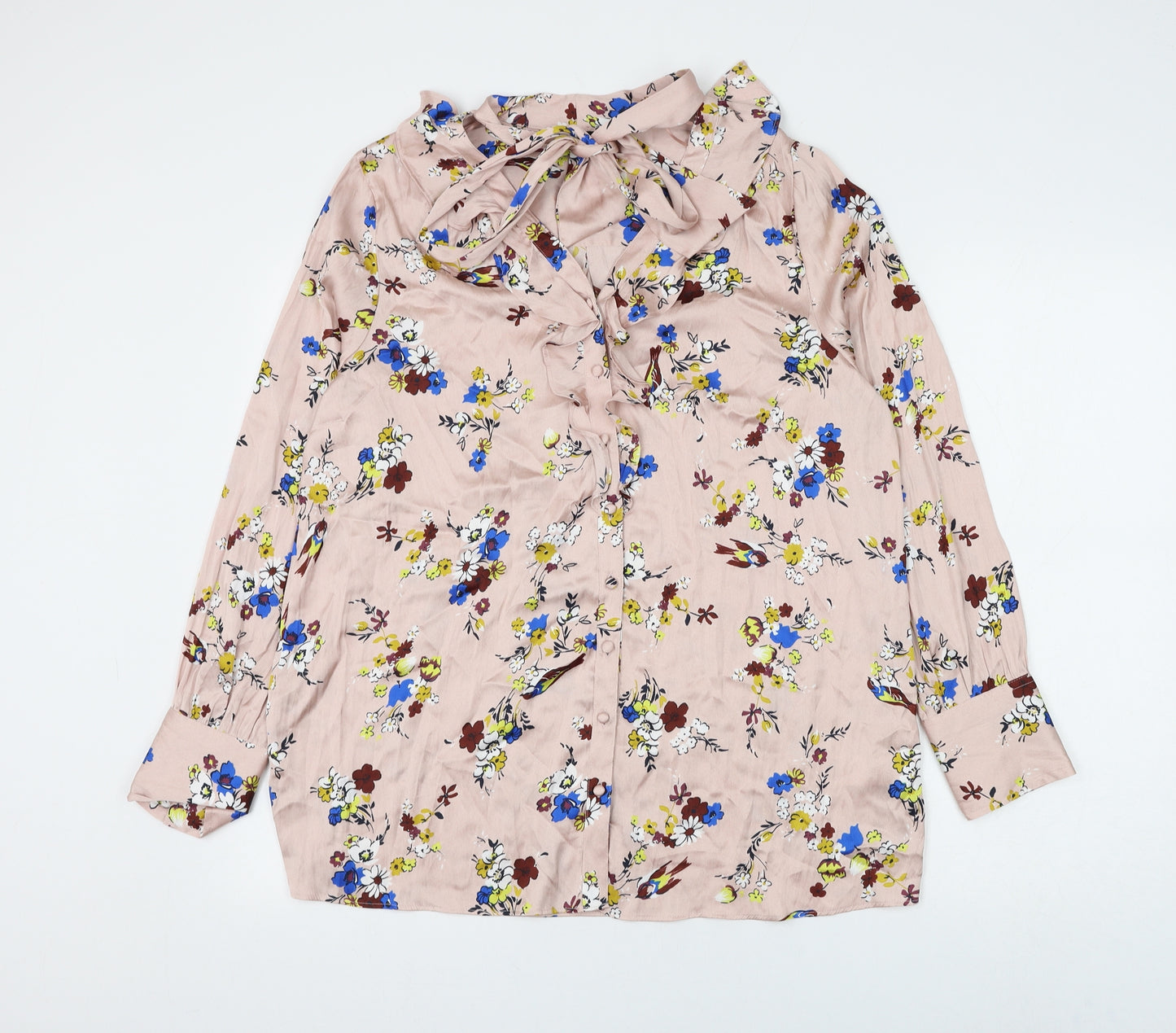 Marks and Spencer Womens Pink Floral Polyester Basic Button-Up Size 14 V-Neck