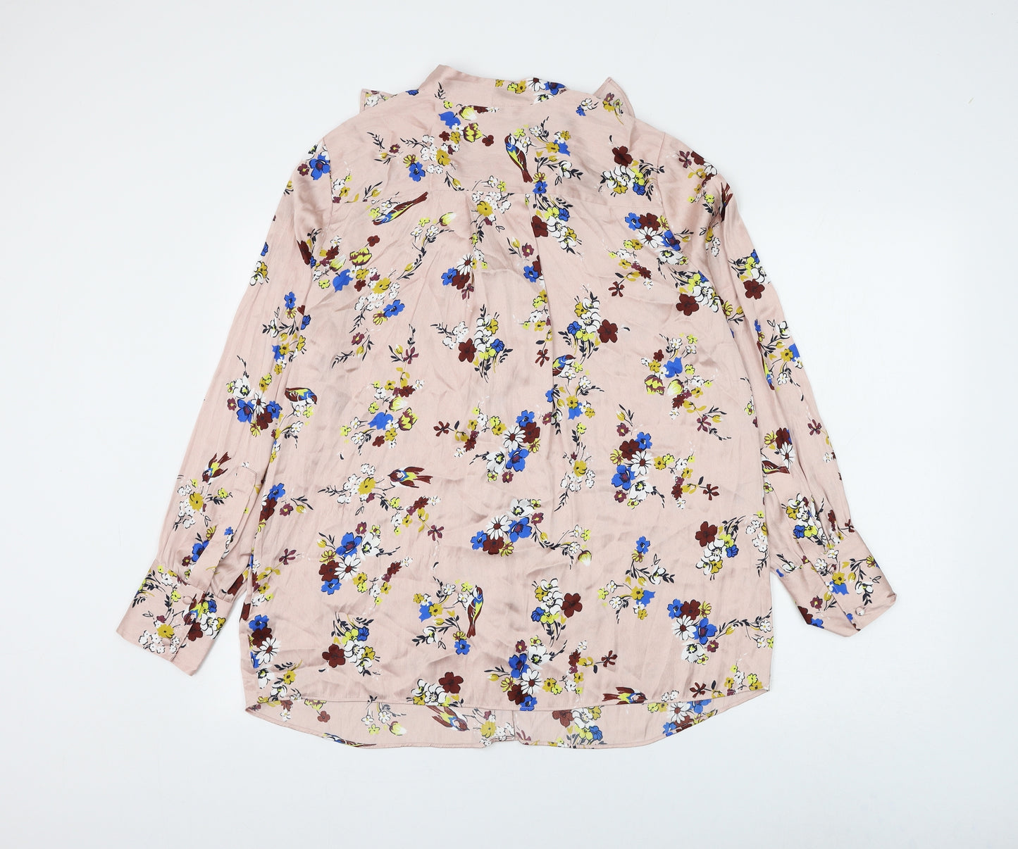 Marks and Spencer Womens Pink Floral Polyester Basic Button-Up Size 14 V-Neck