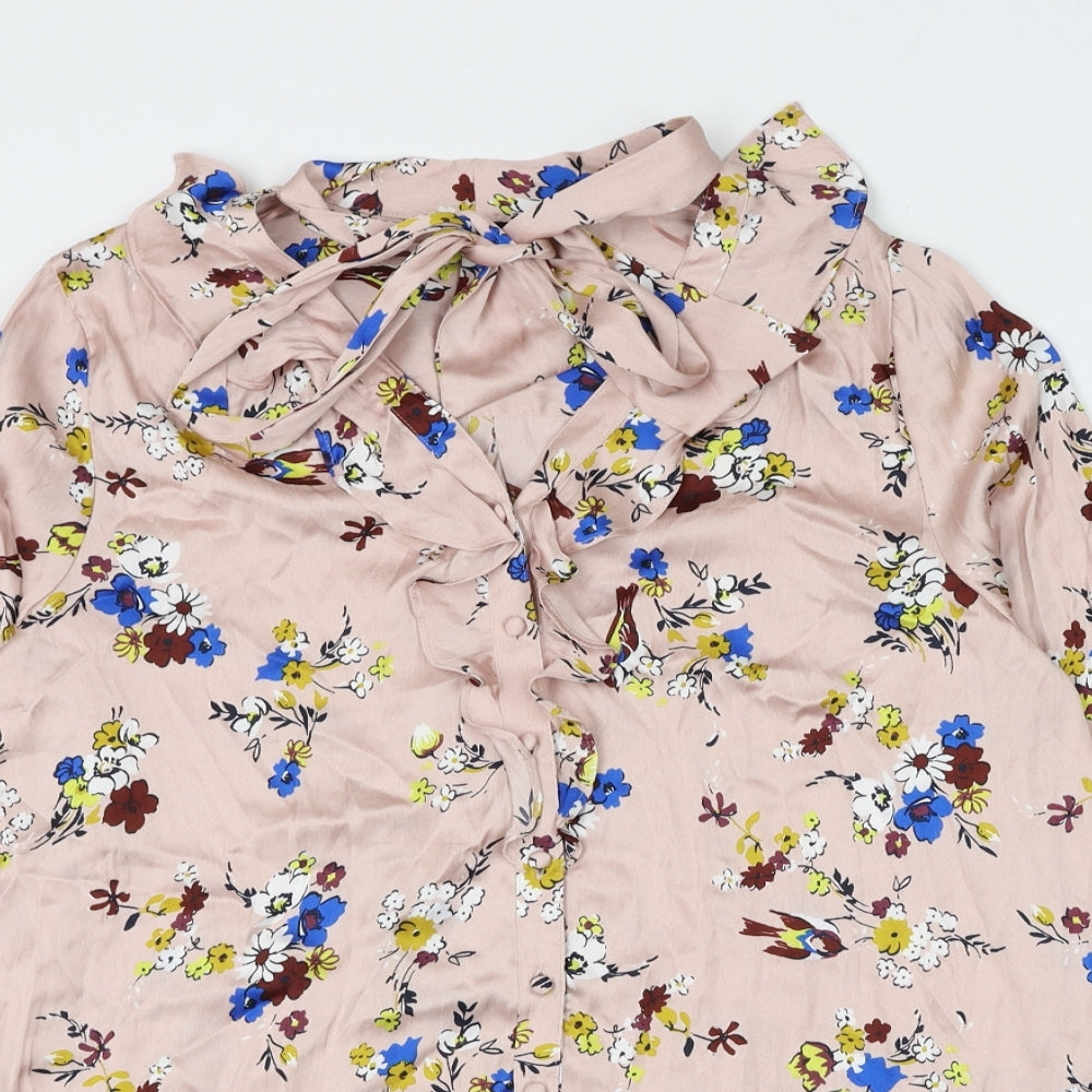 Marks and Spencer Womens Pink Floral Polyester Basic Button-Up Size 14 V-Neck