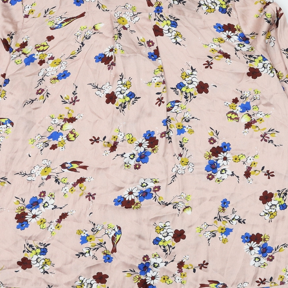 Marks and Spencer Womens Pink Floral Polyester Basic Button-Up Size 14 V-Neck