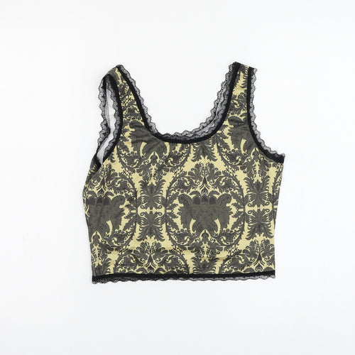 ROMWE Womens Yellow Geometric Polyester Cropped Tank Size 6 Scoop Neck - Lace Detailing