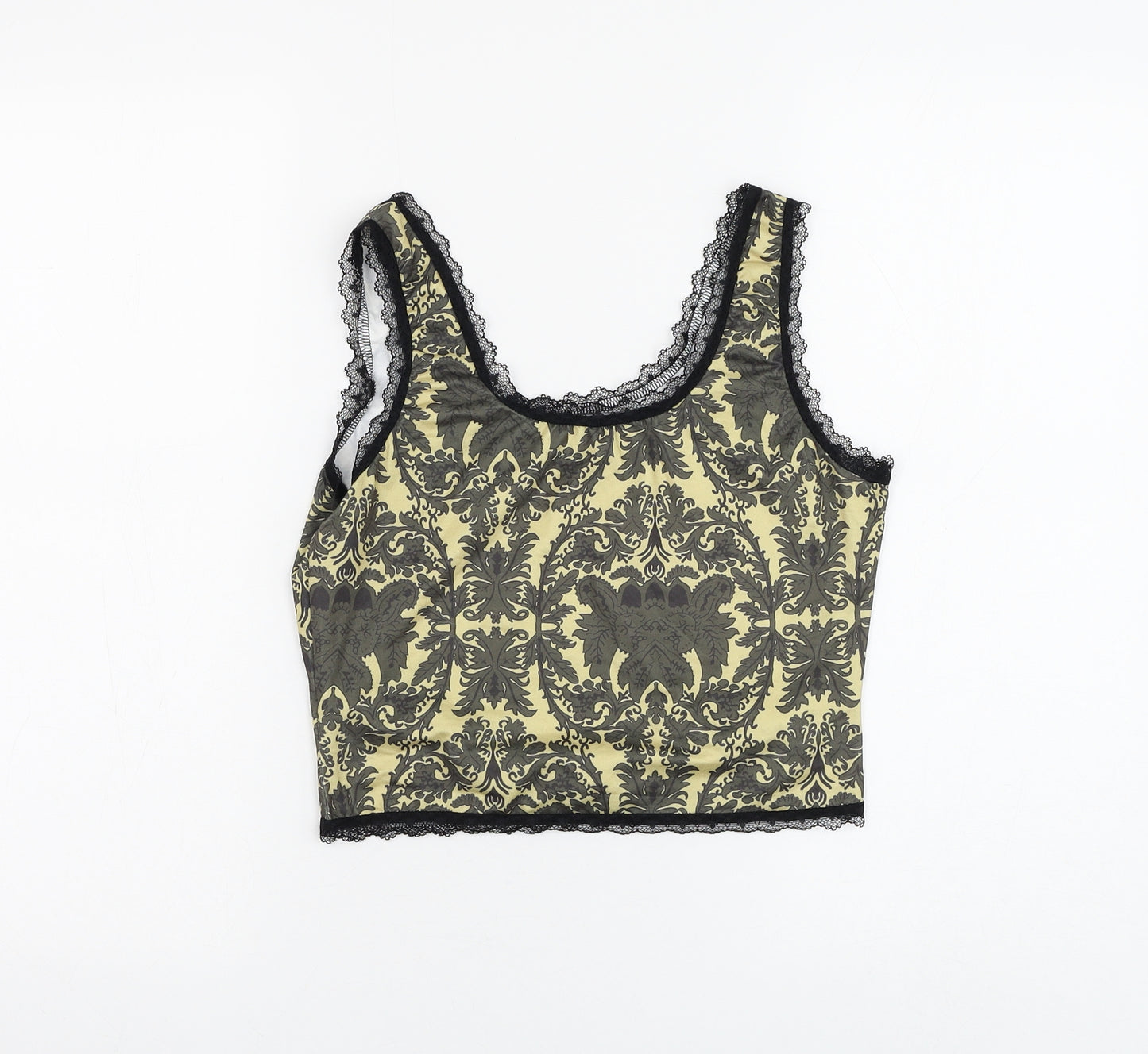 ROMWE Womens Yellow Geometric Polyester Cropped Tank Size 6 Scoop Neck - Lace Detailing