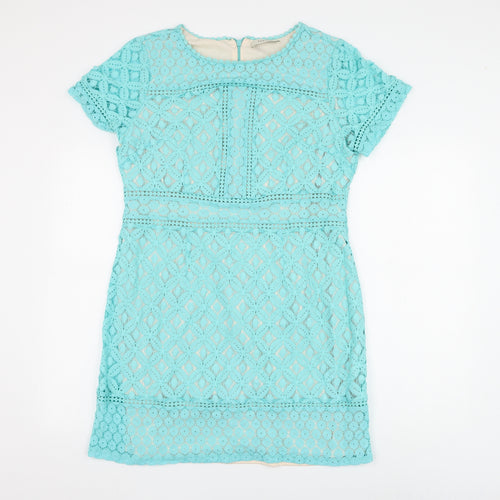 Oasis Womens Blue Geometric Cotton Shift Size L Round Neck Zip